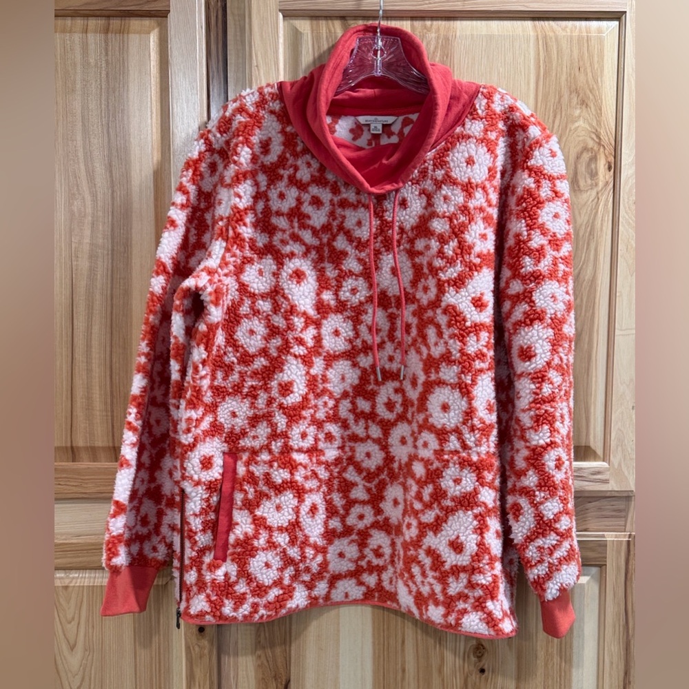 L.L. Bean Signature Floral Sherpa Pullover Outdoor Layering Fleece Red White XL